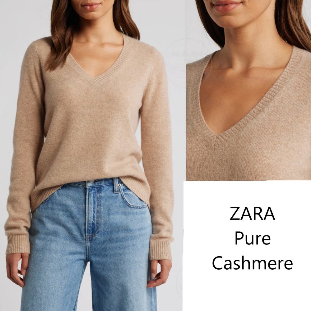 ZARA  | S | Sweater 100% Pure Cashmere Tan V Neck Quiet Luxury Pull Over Knit